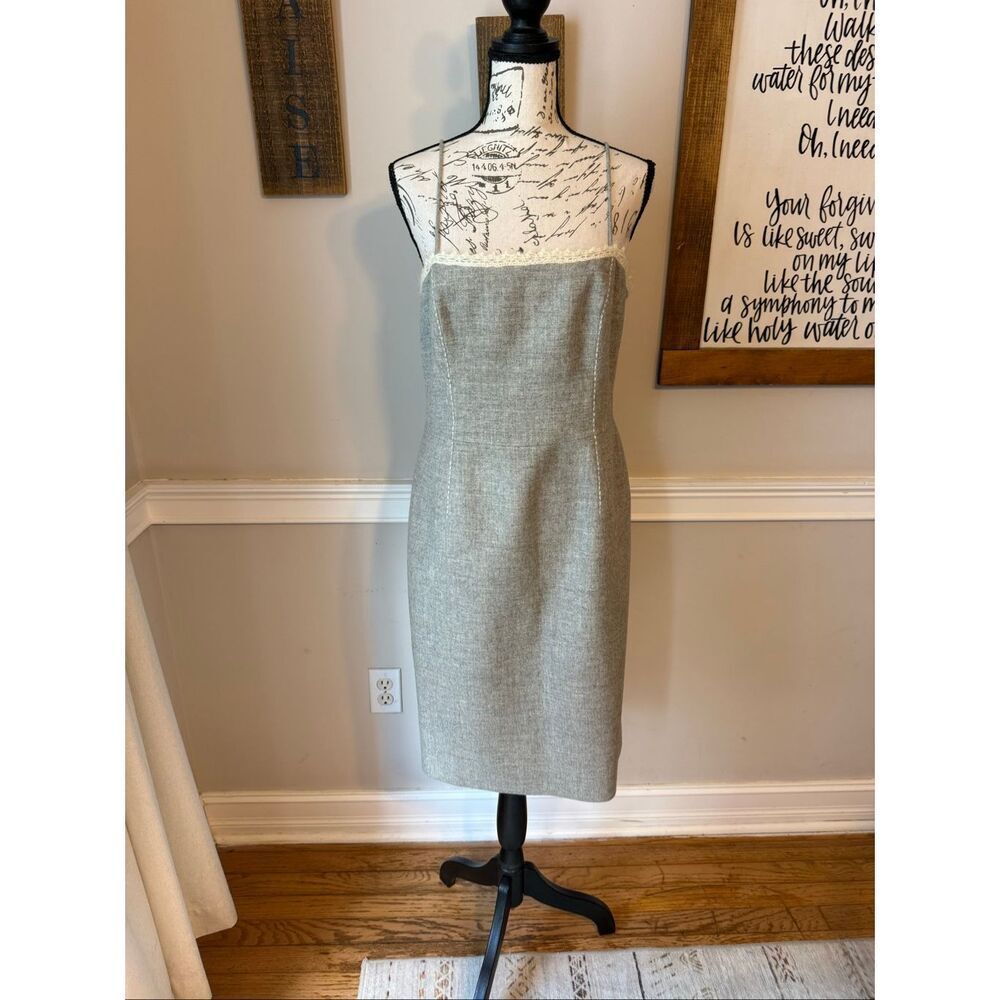 Tahari Women's Wool Mohair Blend Lace Trim Sleeveless Shift Dress Gray Size 8